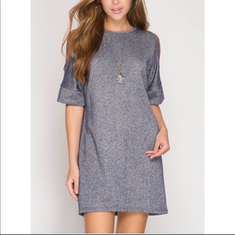 NEW Navy Short Sleeve Cold Shoulder Metallic Dress